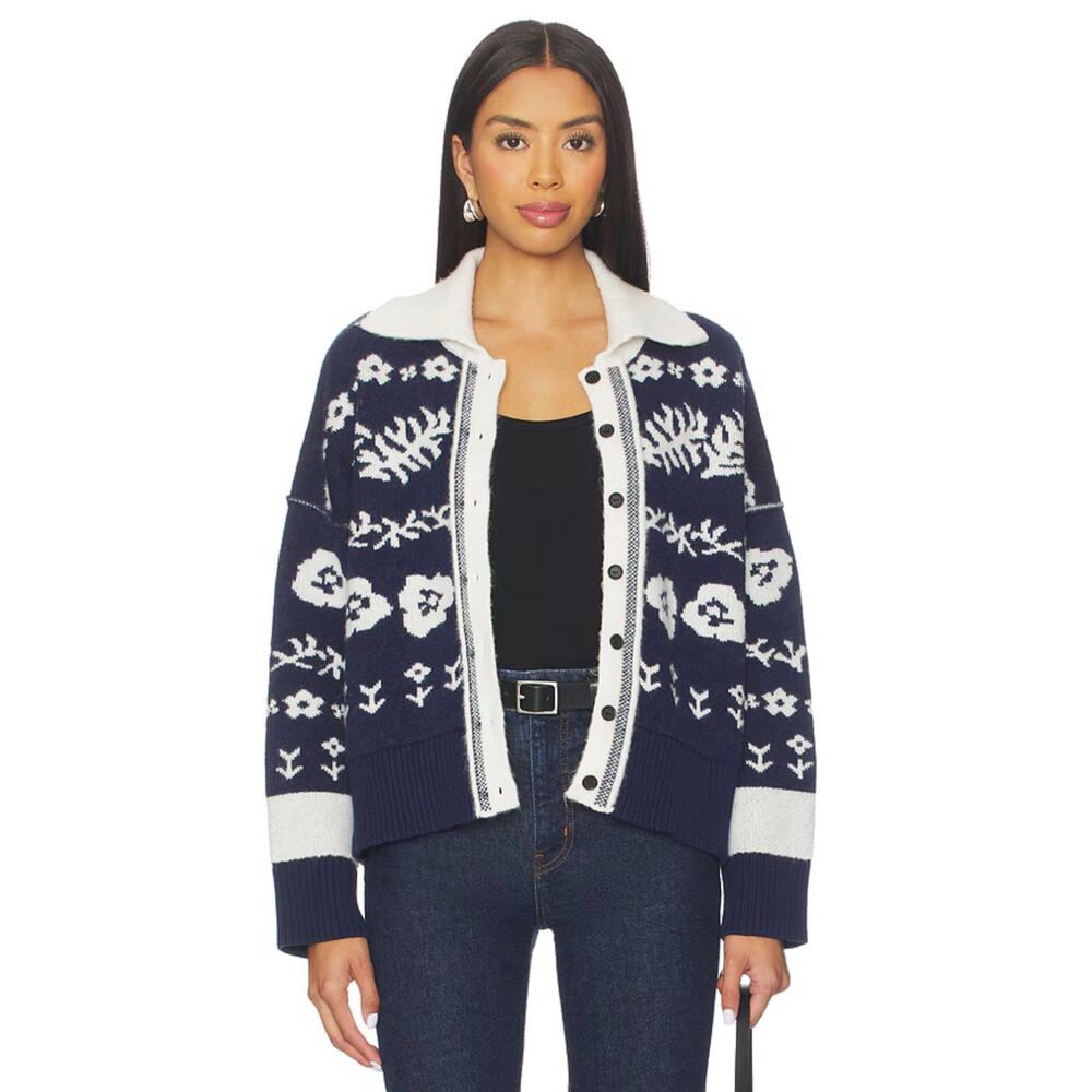 Free People Shelby Navy Floral Cozy BoHo Fall Winter Chic Knit Cardigan Size M
